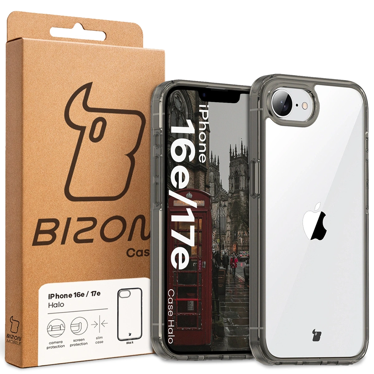 Przód pudełka Bizon Case z dedykowaną etykietą do Apple iPhone 17e/16e
